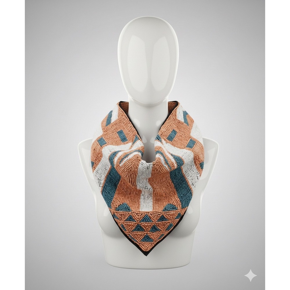 Rare! Beaded Geometric Scarf Neck Scarf Tan Blue White Accent Button Closure